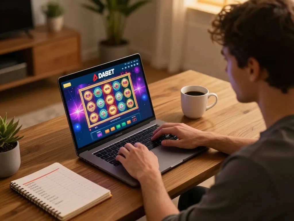 DABET engaging online casino gaming experience at home with a cozy setup and betting strategy notes.
