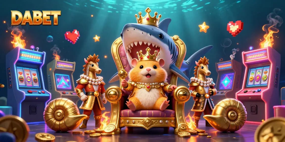 DABET showcases the golden hamster king on a megalodon throne surrounded by colorful casino games.