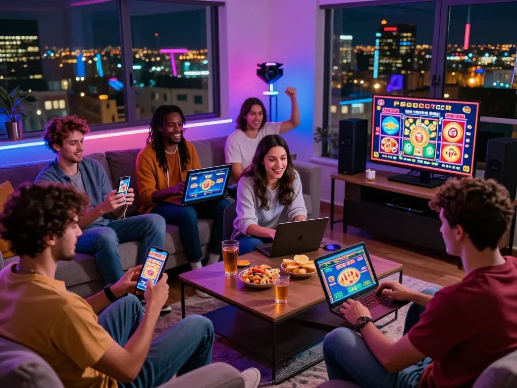 Exciting tg88 online gaming experience with players on various devices in a modern living room.