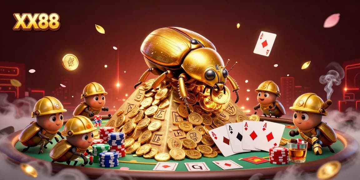 Engage in winning strategies with XX 88, featuring vibrant 3D casino elements and golden beetles.