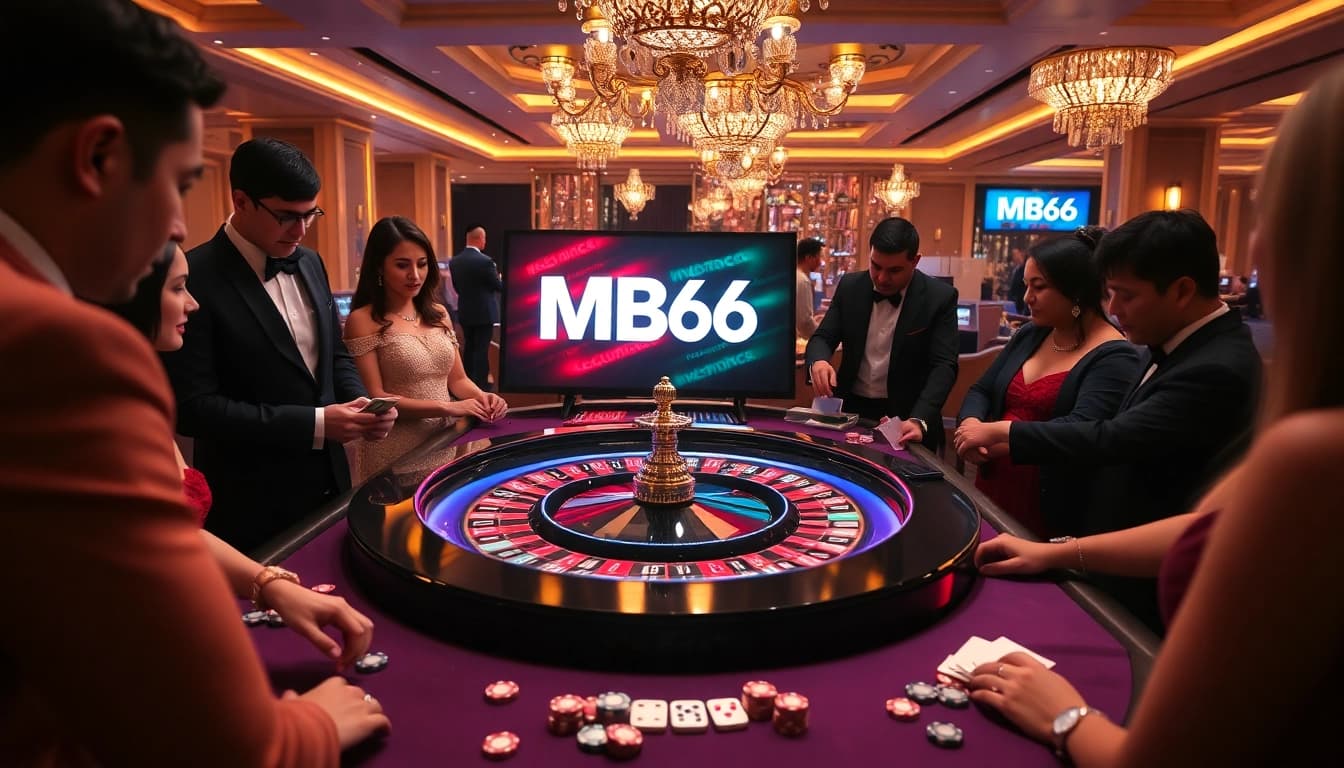 Exciting roulette game at an upscale casino with MB66 branding, showcasing thrilling betting strategies.