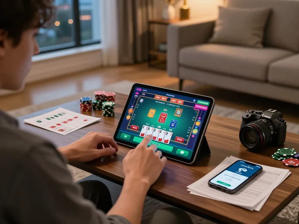 Cucu777 player utilizing tablet for an immersive blackjack game in a cozy home environment.