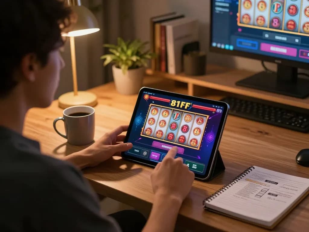 Engaging moment at home playing 81FF casino slots on a tablet, showcasing interaction and strategy.