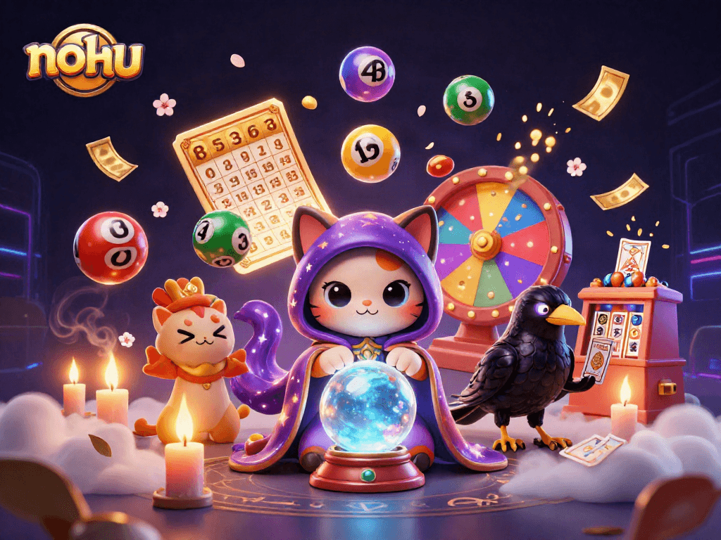 Nohu unleashes vibrant excitement with a mystical cat and raven in a dynamic casino scene