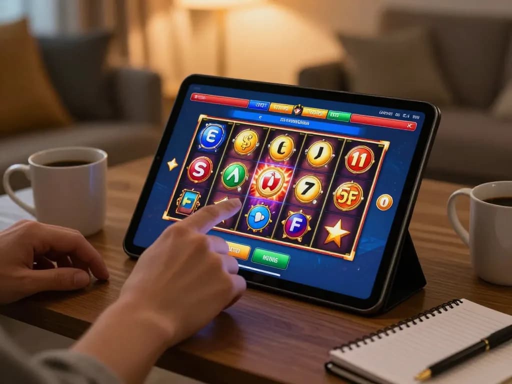Engaging scene of a situs slot gacor gaming session at home with colorful slot graphics and tablet screen