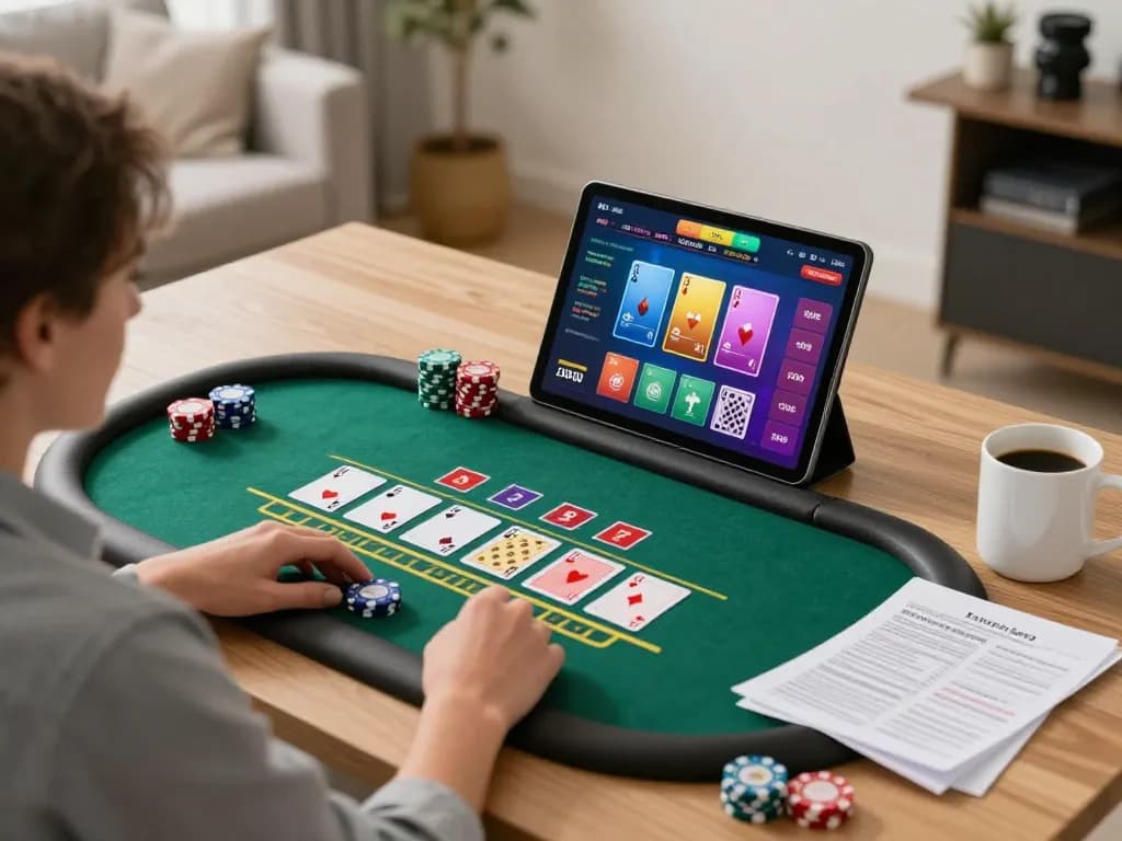 HB88 player enjoying a live dealer blackjack game on tablet, surrounded by strategy notes and warm lighting