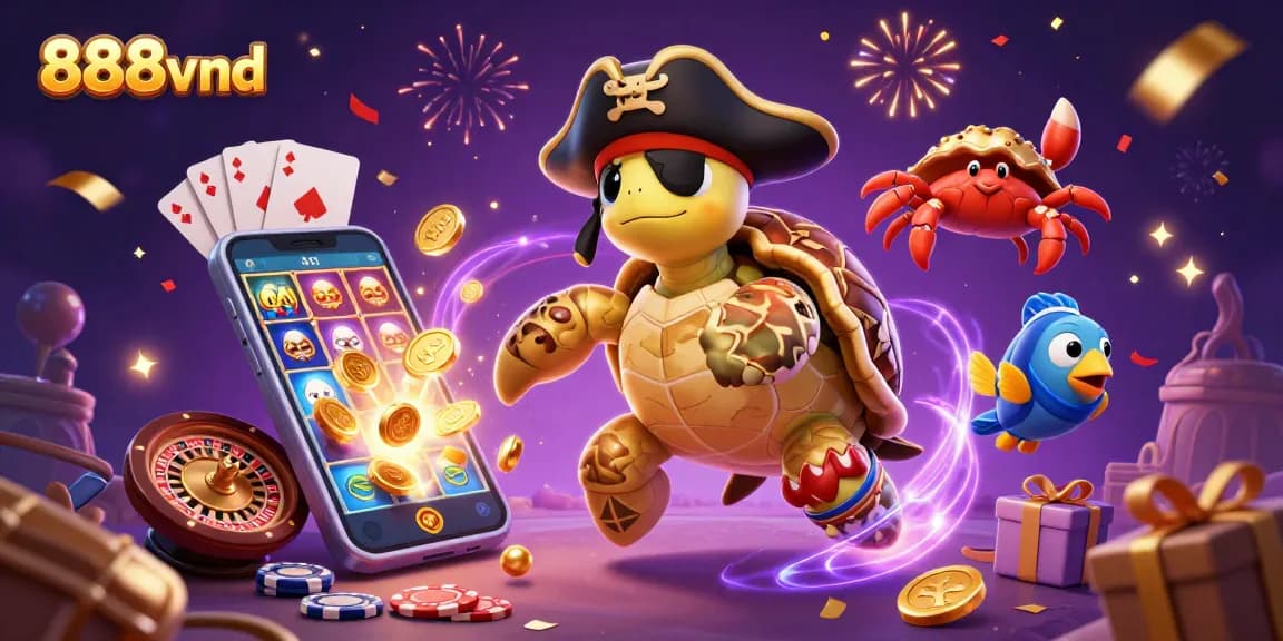 Experience the thrilling excitement of 888vnd with a pirate turtle and vibrant gaming elements.