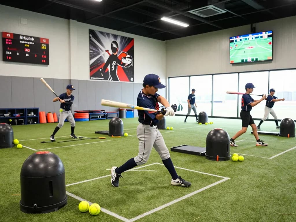 Young athlete practicing at hitclub training facility with baseball equipment.