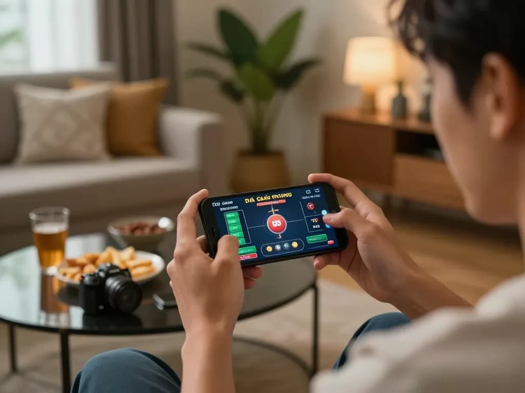 Engaging Đá gà thomo betting scene showcasing lively smartphone gameplay in home setting.