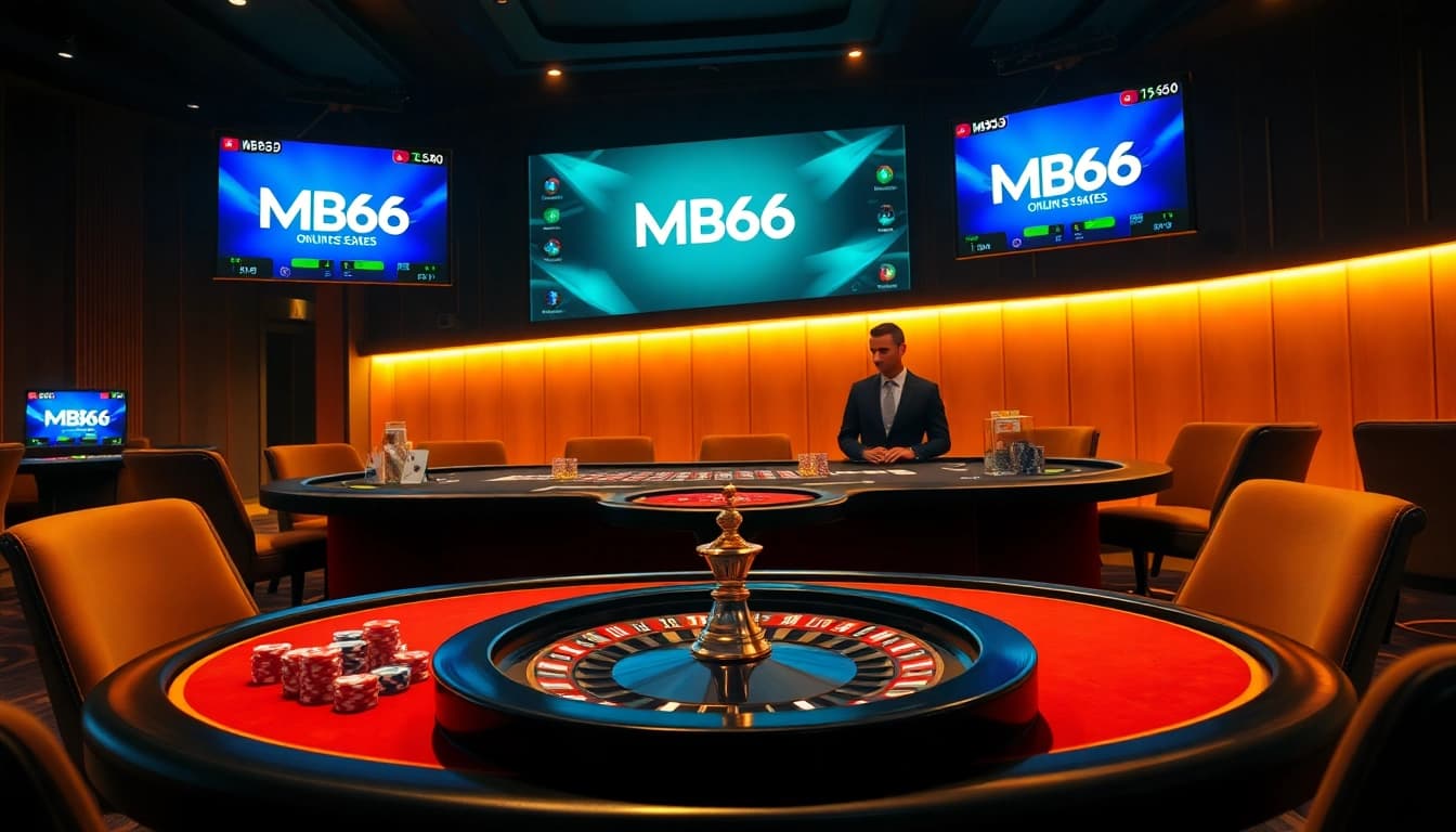 Experience high-stakes betting at MB66 with a luxurious poker table and vibrant casino elements.