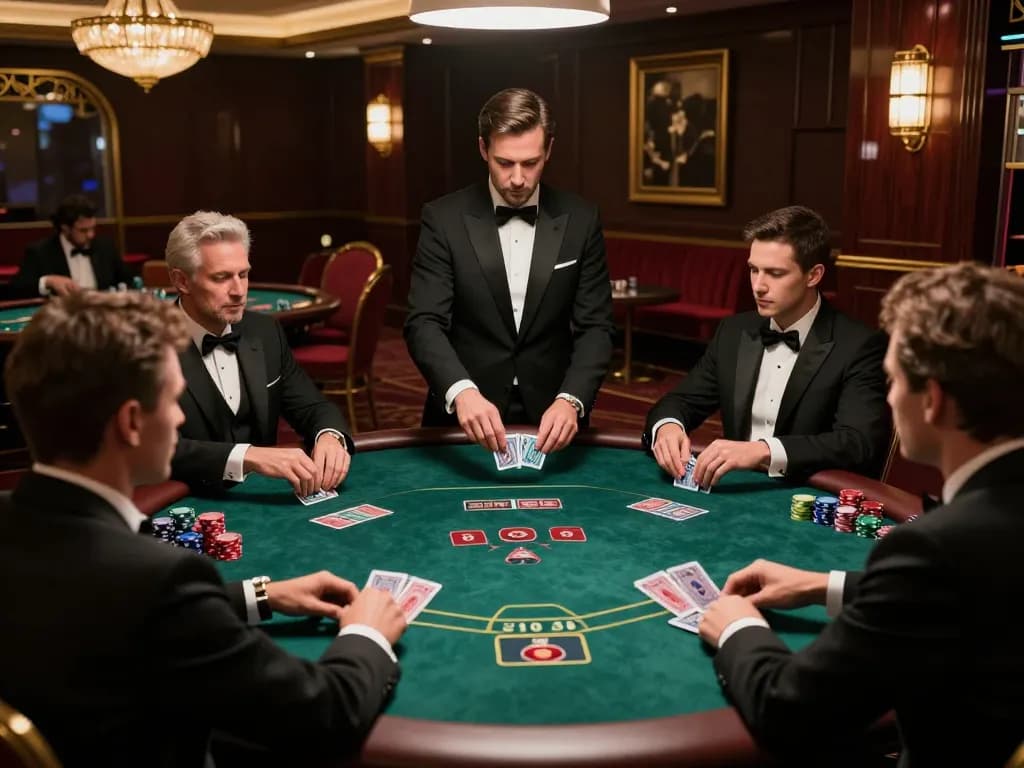 Players strategizing at a river4 poker table, showcasing high-stakes excitement in a luxury casino.