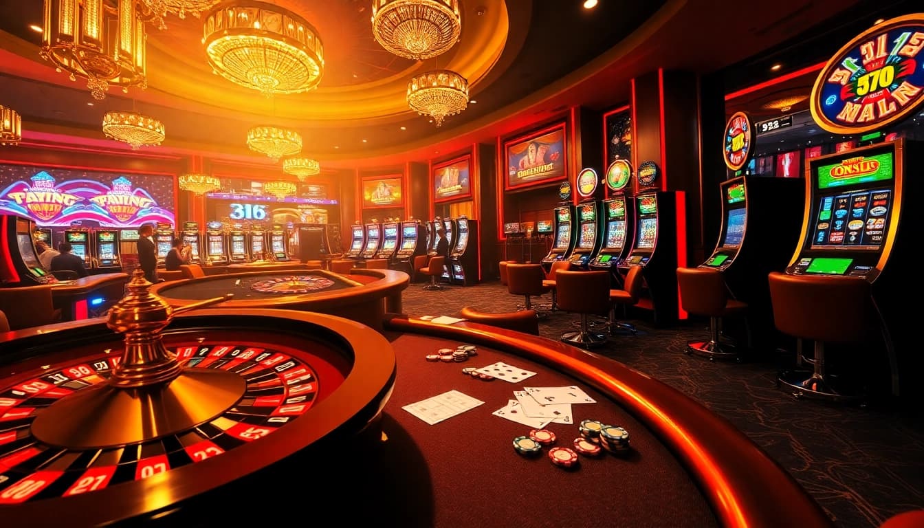 Experience the thrill of winning at https://rr88.black/ with this vibrant casino scene featuring roulette and poker tables.