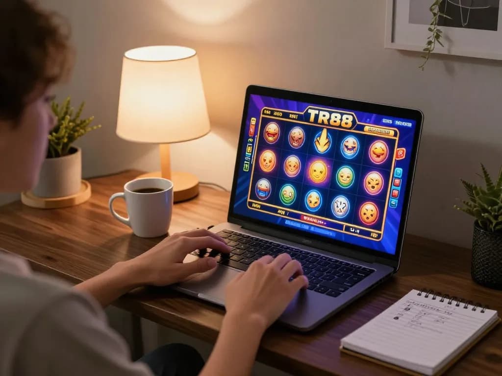 Engaging player enjoying TR88 online slots with strategic notes beside laptop in a cozy home.