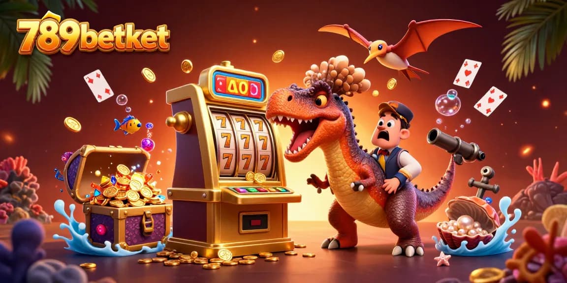 789betket offers an engaging casino scene with dinosaurs and vibrant slot machines.