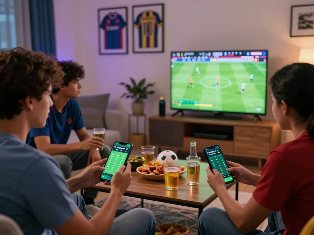 Engaged friends reviewing keo nha cai 5 odds while watching live soccer, enhancing their betting strategies.