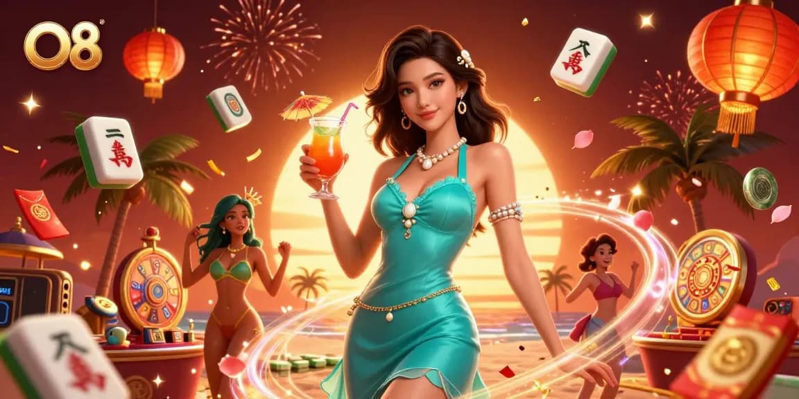 Experience the excitement of O8 casino with a glamorous tropical scene and festive elements.