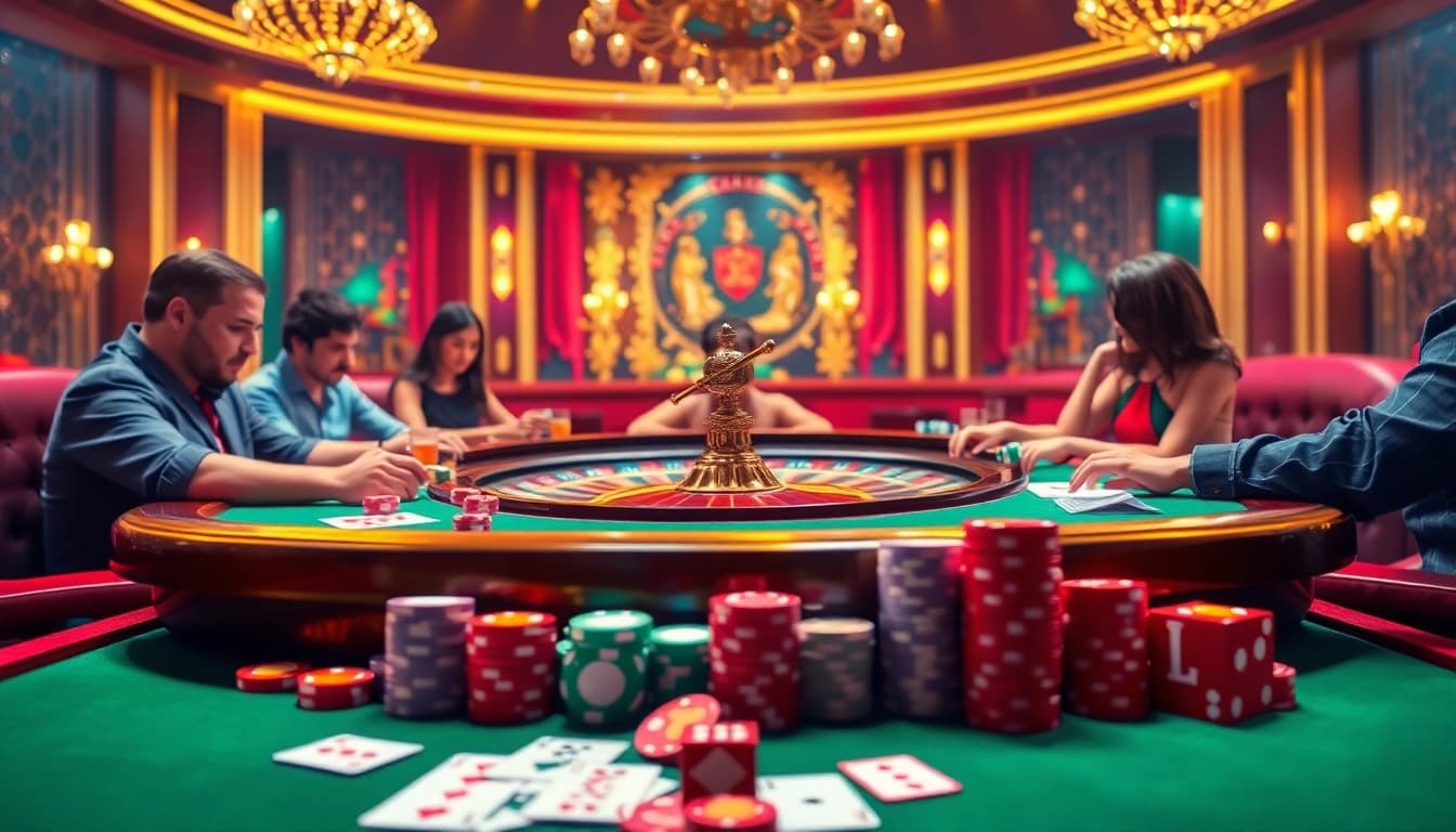 Experience the excitement of QQ88pro Vip at a luxurious casino, featuring vibrant poker chips and cards.