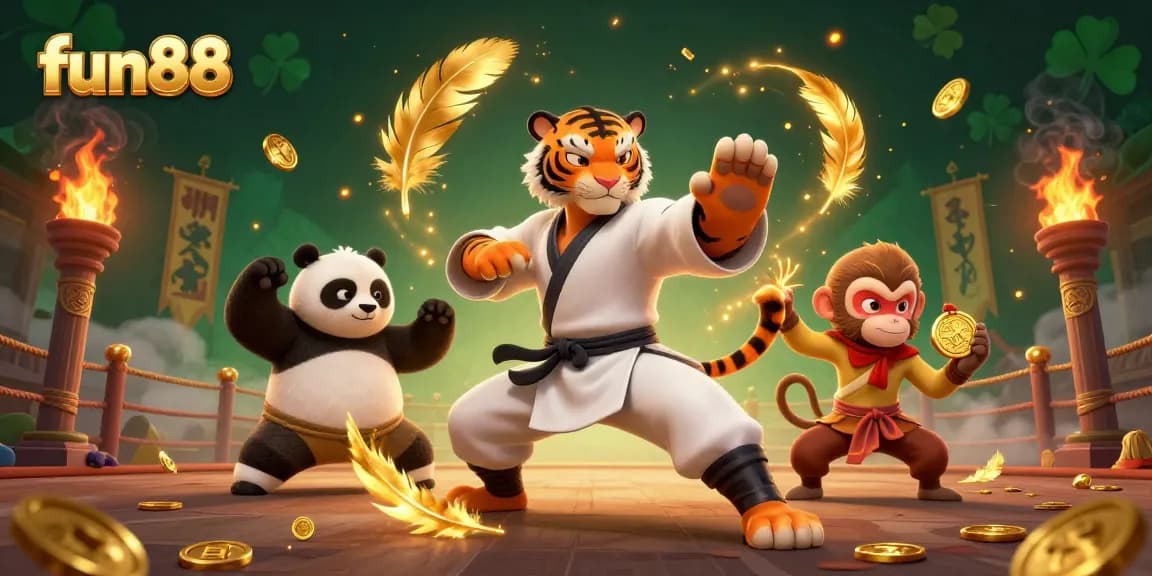 Enjoy thrilling moments at fun88 as a kung fu tiger master teaches a panda in an exciting casino atmosphere.