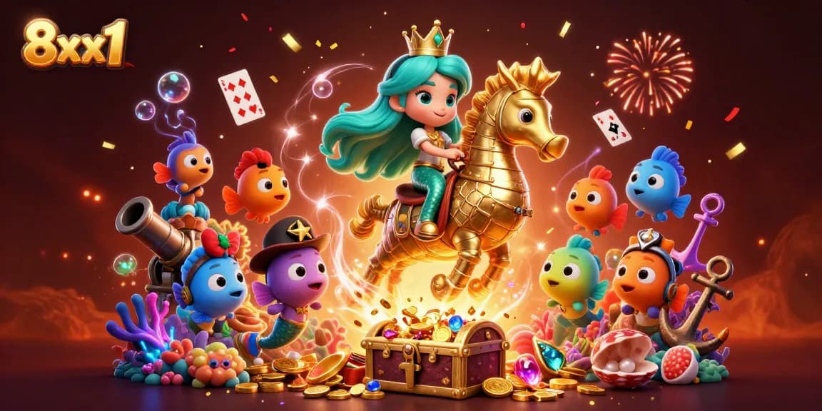 Win big at 8xx1 with vibrant mermaid and seahorse celebrating amidst treasure and gaming elements.