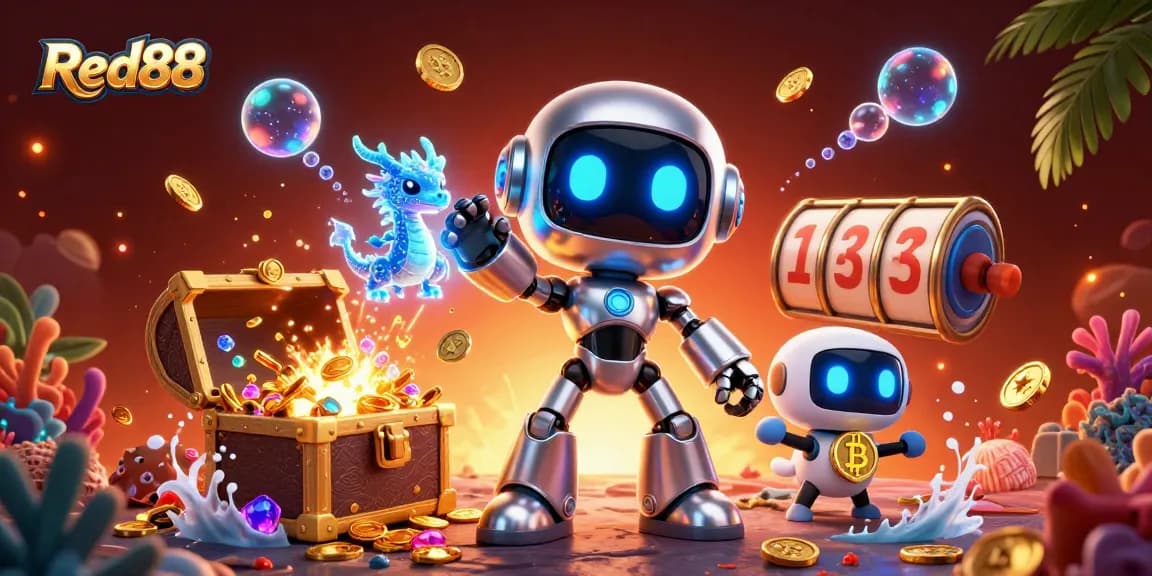 Experience exciting gameplay with Red88, featuring a fun cyberpunk robot amidst slot reels.