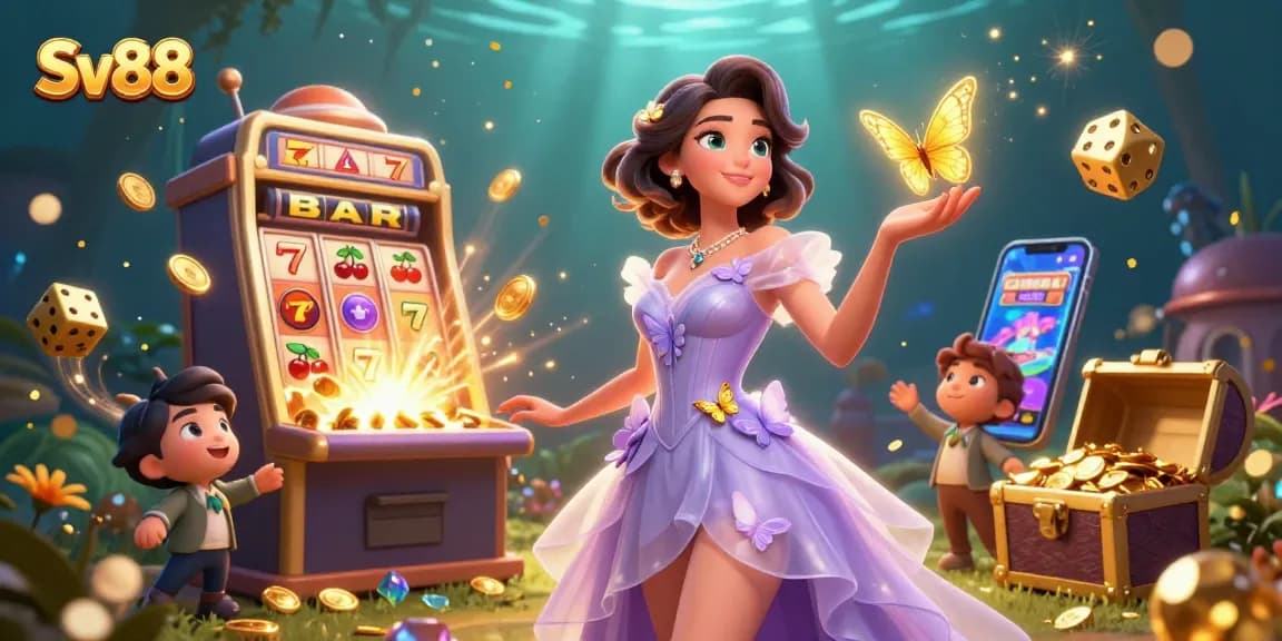 Engage in thrilling Sv88 jackpot slots with vibrant symbols and enchanting characters amidst a magical casino atmosphere.