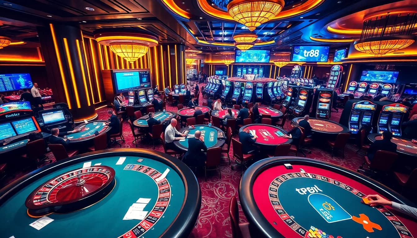 Players enjoying high-stakes gambling at tr88 casino tables with vibrant lights and excitement.