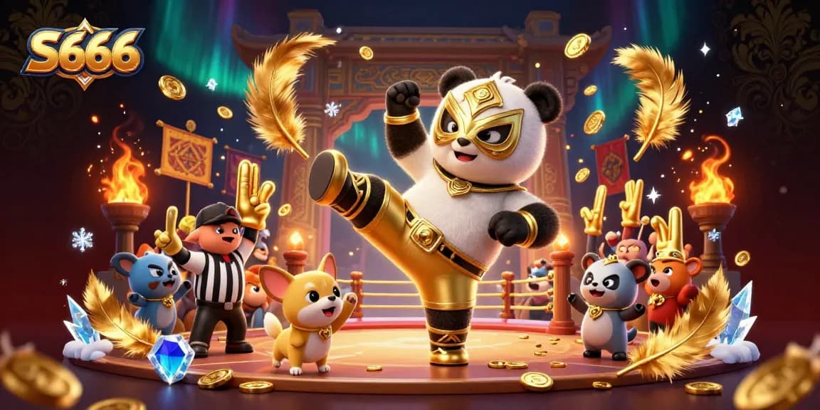 S666 casino features an exciting wrestling panda alongside cheering animals and vibrant gold coins.