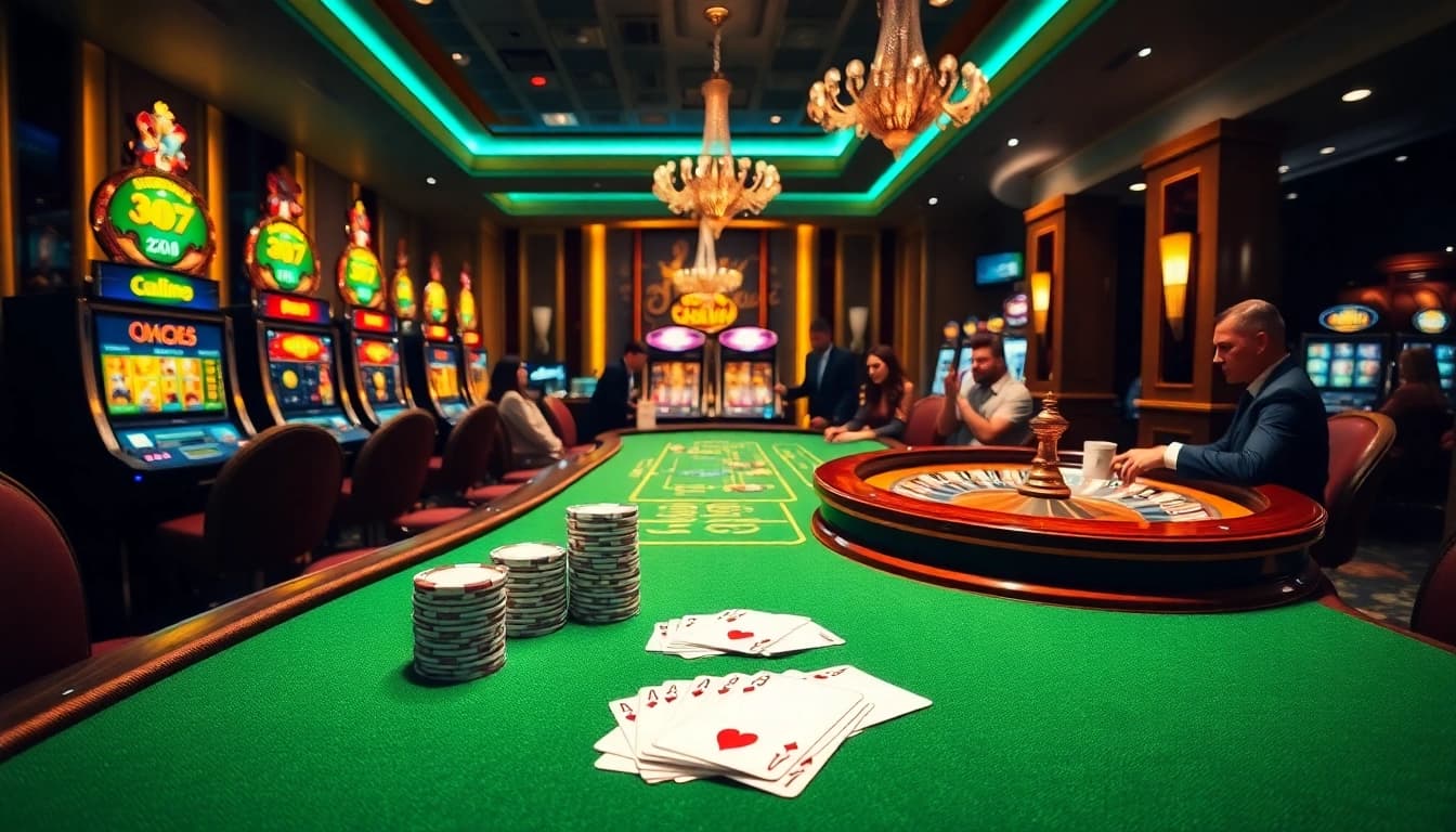 Engaging players at DV88 navigate a vibrant casino table, surrounded by exciting slot machines.