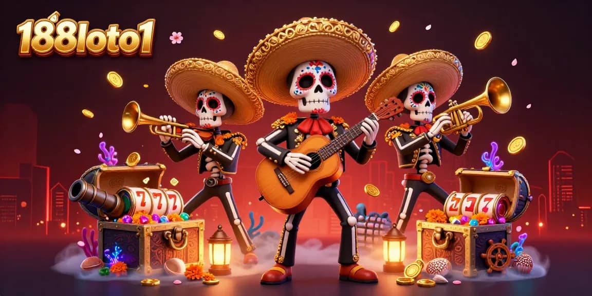Experience the excitement of 188loto1 casino with vibrant 3D illustration featuring a lively mariachi band and casino elements.
