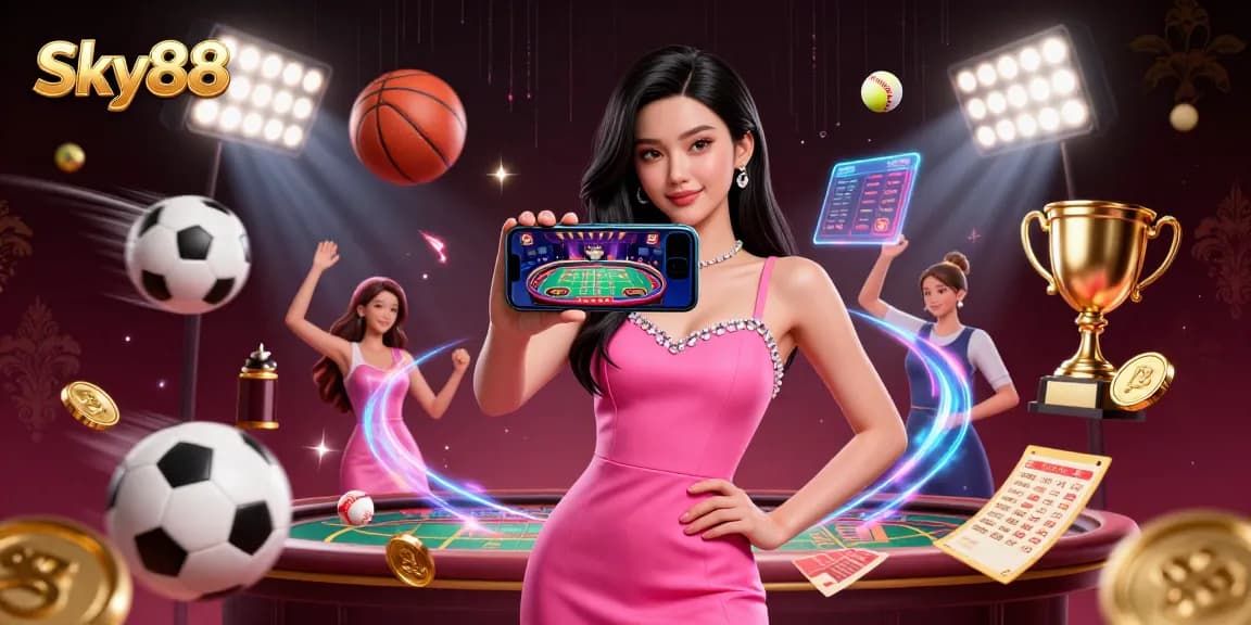 Engage in thrilling live dealer games at Sky88 with a vibrant 3D casino scene.