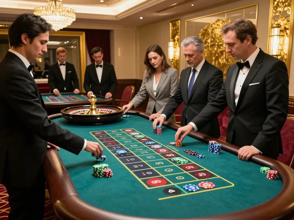 Nhà cái F168 players excitedly placing bets at a vibrant roulette table in an upscale casino.