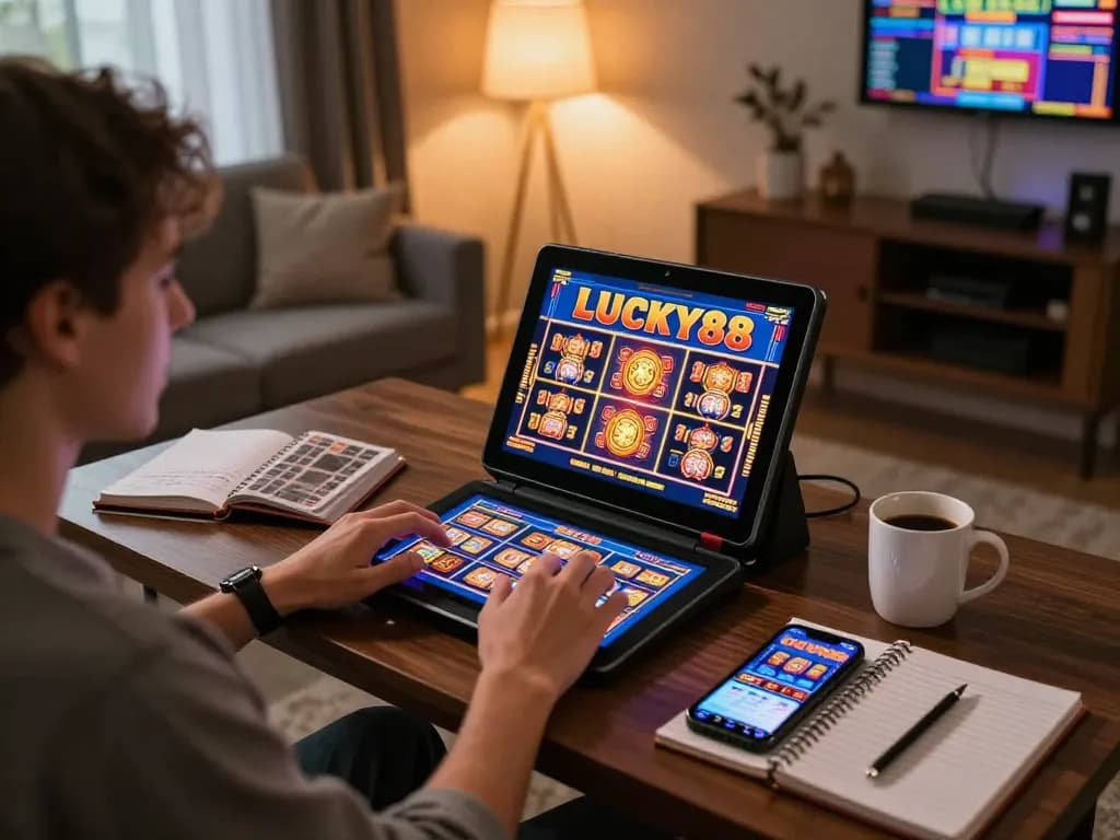 Engaging gameplay on LUCKY88 slot machine as person plays on tablet at home, showcasing responsible gaming.