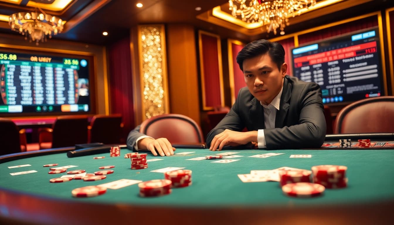 Exciting gaming action at xin88 with colorful poker chips and cards on a luxurious casino table.