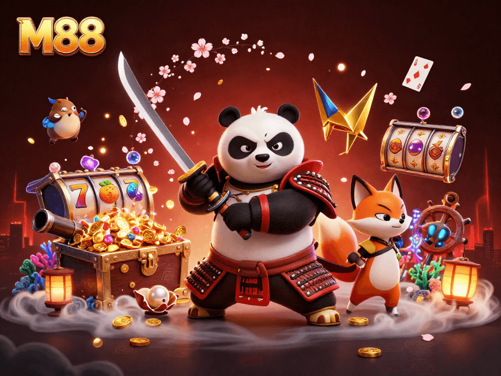 M88-themed illustration showcasing a samurai panda, a ninja fox, and a spirit tanuki amidst vibrant casino elements.