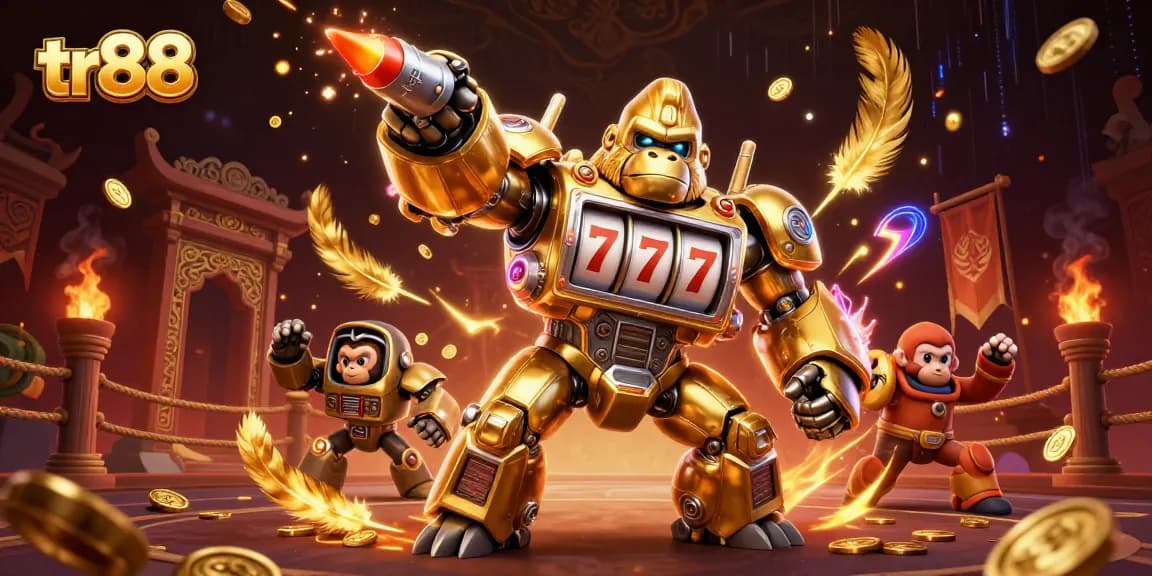 tr88 players engaging with a vibrant casino scene featuring a golden gorilla mech, showcasing exciting game elements.