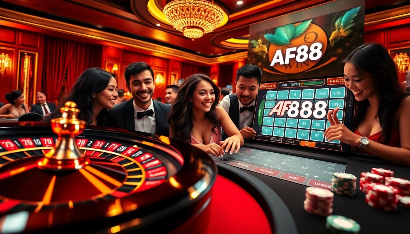 Experience the thrill of AF88 win in this elegant online casino scene with vibrant roulette and poker action.