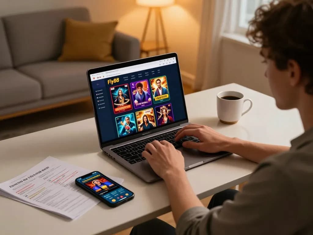 Engaging gaming experience using the Fly88 link on a laptop in a cozy home office setting.