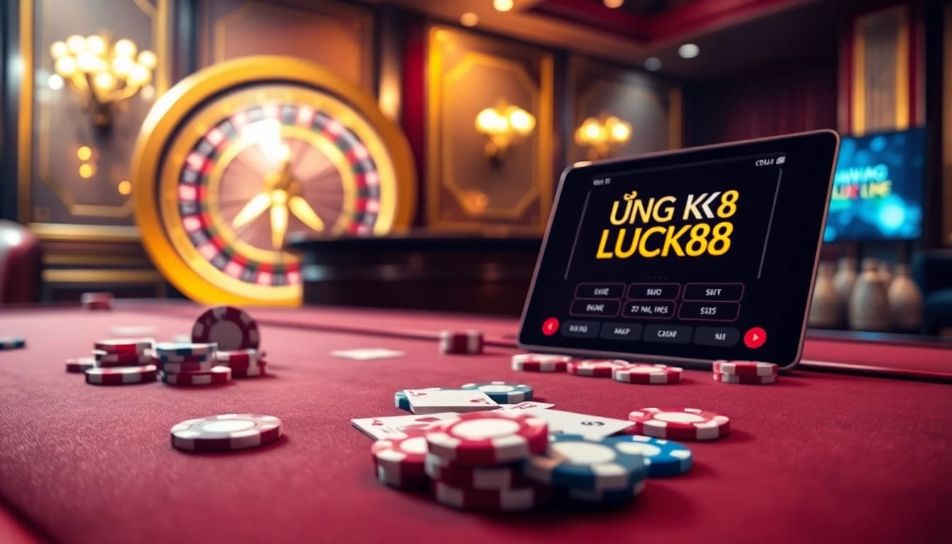 Experience the thrill of ĐĂNG KÝ LUCK8 at a glamorous casino table with vibrant poker chips.