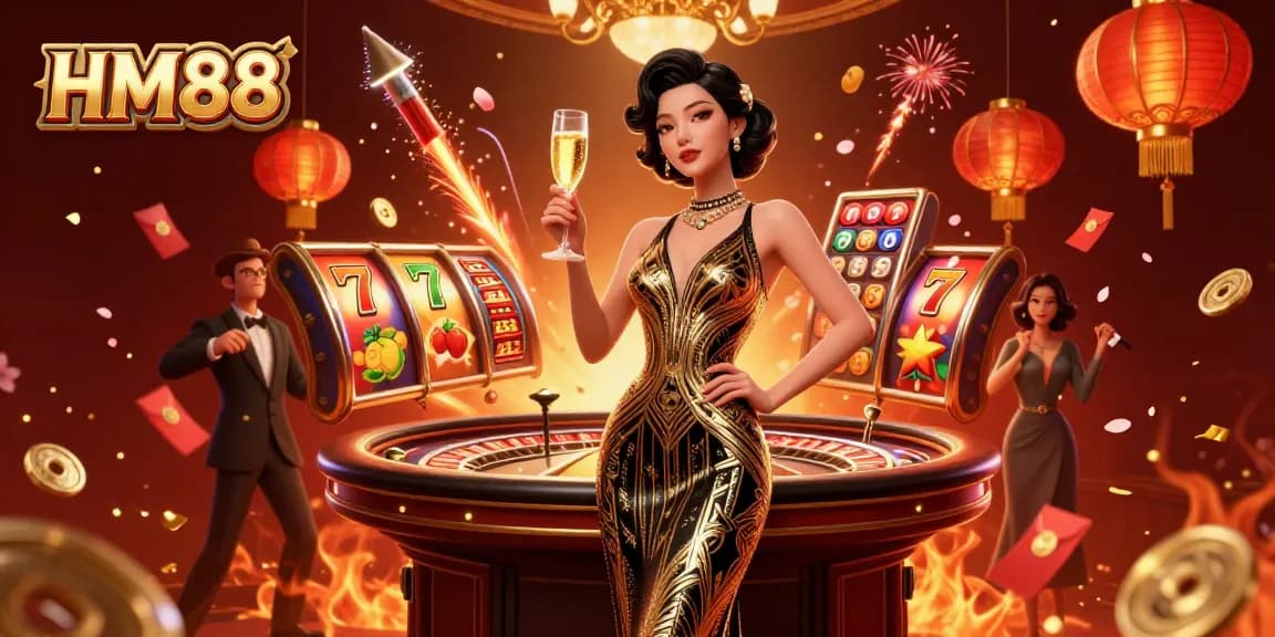 Experience luxurious gaming at HM88 with a glamorous Asian woman amidst dynamic casino elements.