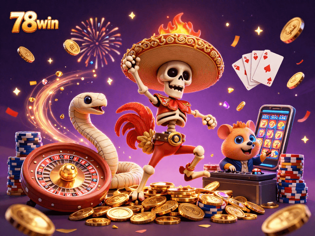 Experience the vibrant casino excitement at 78win with a dynamic celebration of wins and riches.