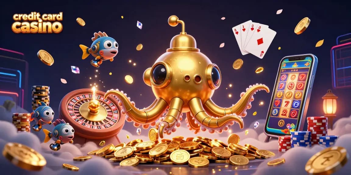 Engage in gaming excitement at credit card casino with vibrant 3D illustration of casino elements and riches.