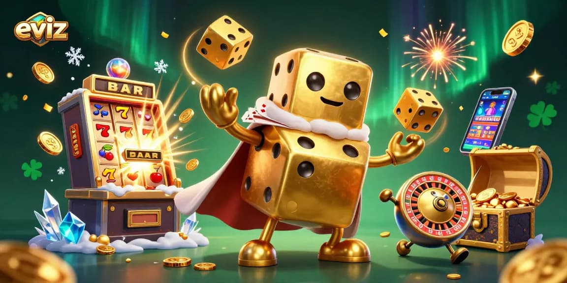 Experience the excitement of eviz with dynamic golden dice and bursting jackpots in this vibrant casino illustration.