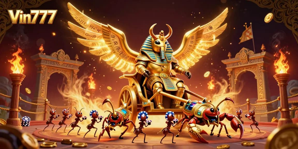 Experience the dynamic gaming atmosphere of Vin777 with a golden scarab beetle and vibrant casino elements.