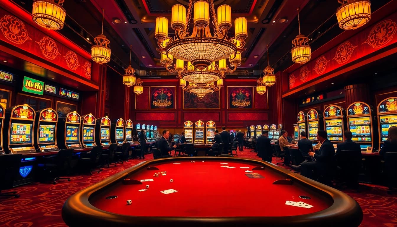 Engage with thrilling nổ hũ machines highlighting luxury and excitement in a busy casino scene.