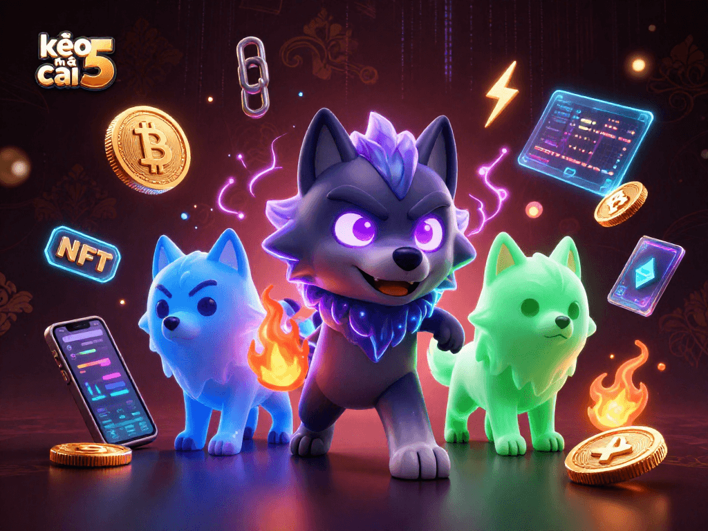Experience thrilling gaming with kèo nhà cái 5 in this dynamic crypto-themed illustration.