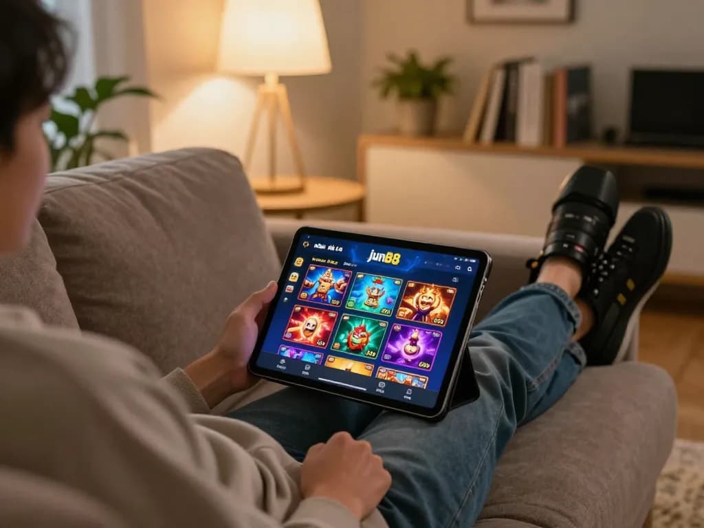 Engaging with the nhà cái jun88 casino app on a tablet in a cozy living room.