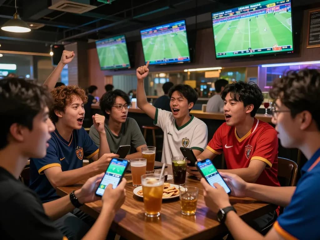 Cá Độ Bóng Đá Online betting moment at a lively sports bar with fans cheering and analyzing odds.