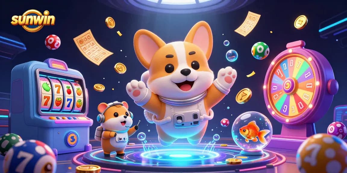Experience thrilling games at sunwin with a floating astronaut corgi casino scene full of slots and prizes.