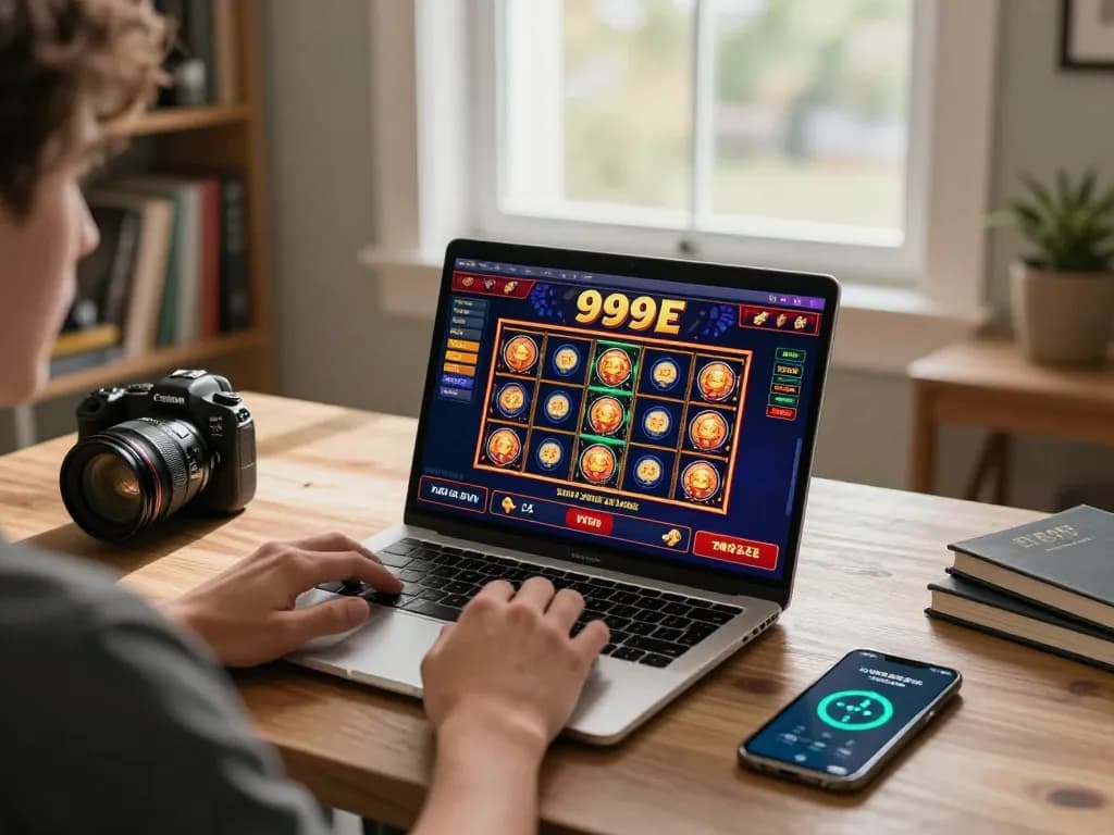 The player engages in thrilling gaming on 999E's online casino platform at home, showcasing excitement and strategy.