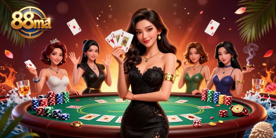 Experience the allure of 88ma casino with an elegant Asian woman and poker elements.